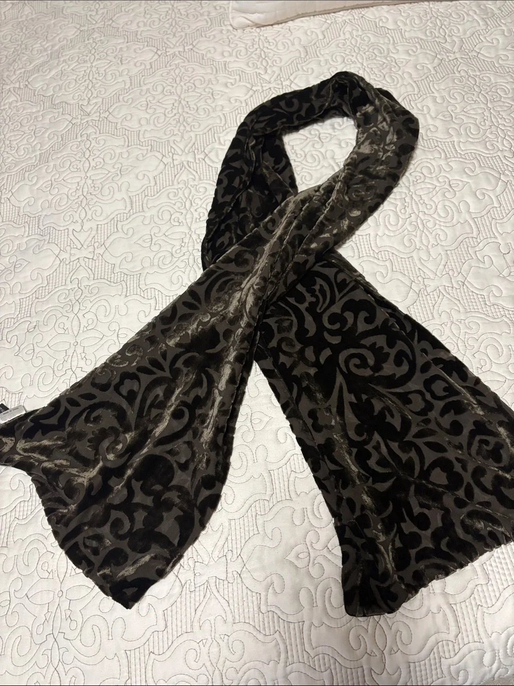 Summer Tompkins vintage Brown Velvet Flocked Scarf with Damask Pattern